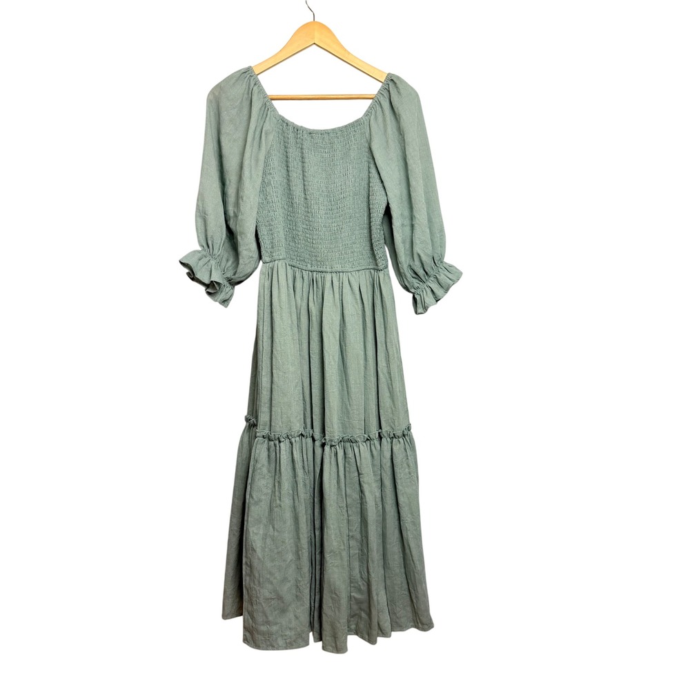 Ivy City Co Sage Green Smocked Cotton Midi Dress Puff Sleeve Large Cottagecore - Picture 3 of 10